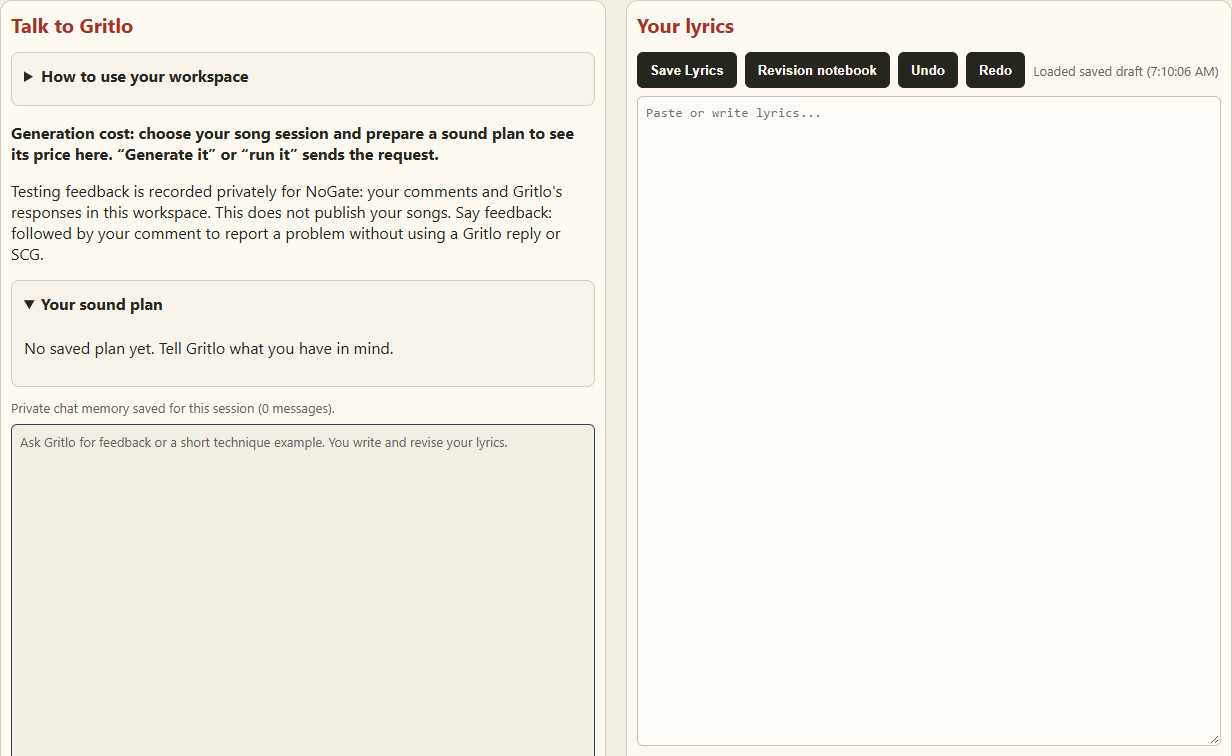 NoGate Studio demonstration workspace showing Gritlo conversation, a writer’s lyrics area and sound plan controls